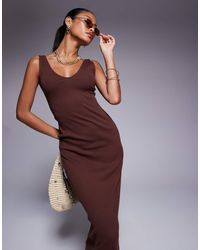 ASOS - Vestito Al Polpaccio Senza Maniche Color Cioccolato A Coste Con Scollo A V - Lyst