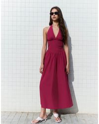 Bershka - – langes neckholder-kleid aus popeline - Lyst