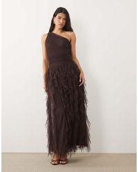 LACE & BEADS - Bridesmaid One Shoulder Waterfall Ruffle Maxi Dress - Lyst