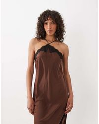 New Look - Asymmetric Halterneck Satin Lace Midi Dress - Lyst