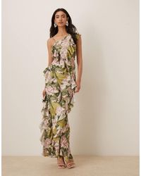 ASOS - One Shoulder Asymmetric Ruffle Satin Embellished Maxi Dress - Lyst