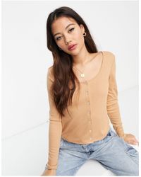 Pieces - Button Up Ribbed Long Sleeve Top - Lyst