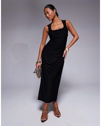 ASOS - Asos Design Petite Shaped Neckline Wide Strap Midi Dress With Draped Skirt - Lyst