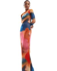 Vero Moda - Vestido Largo Azul Y Naranja Atardecer De Manga Larga Con Diseño Estampado De Malla De - Lyst