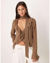Motel - Hirap Ruffle Front Sheer Blouse - Lyst