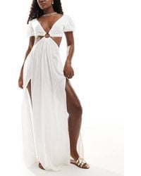 ASOS - Puff Sleeve Cut Out Maxi Beach Dress With Ring Detail - Lyst