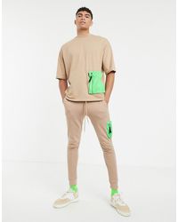 ASOS Co-ord Oversized T-shirt With Half Sleeve And Neon Utility Pocket - Natural