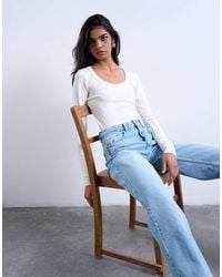 TOPSHOP - Premium Rib Long Sleeve Wide Scoop Neck Top - Lyst