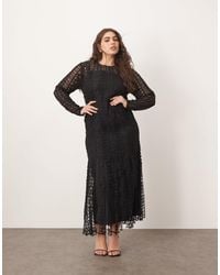 ARRANGE - Curve Embroidered Lace Long Sleeve Midi Dress With Fringe Hem - Lyst