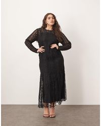 ARRANGE - Curve - robe mi-longue brodée en dentelle à manches longues avec ourlet à franges - Lyst