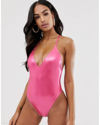ASOS Metallic Wetlook Cross Back High Leg Swimsuit In Pink