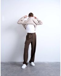 TOPMAN - Pantalones De Vestir Marrón De Pernera Ancha Con Cinturón De Sarga De - Lyst