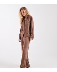 Loungeable - Super Soft Jersey Camp Collar Top And Wide Leg Pants Pajama Set With Piping Detail - Lyst