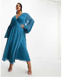 ASOS - Asos Design Curve Wrap Balloon Sleeve Midi Dress With Tie Waist Detail - Lyst