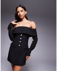 Kaiia - Exclusive Bardot Foldover Tailored Long Sleeve Diamante Button Detail Mini Dress - Lyst