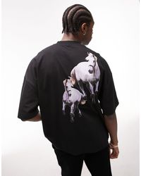 TOPMAN - T-shirt premium super oversize nera con stampa di cavalli sul davanti e sul retro - Lyst