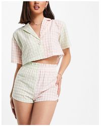 Lost Ink - Check Mix Cropped Shirt And Short Set - Lyst