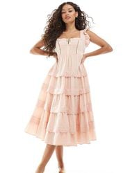 Miss Selfridge - Lace Eyelet Trim Babydoll Midi Dress - Lyst