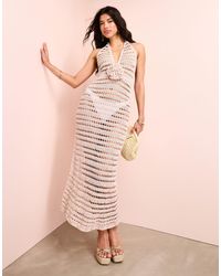 ASOS - Beach Plunge Crochet Maxi Dress With Pearl Embellishment And Corsage - Lyst