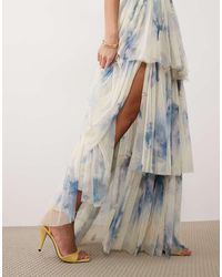lace & beads layered tulle bardot maxi dress in lilac Lace & Beads Petite ruffle shoulder tiered tulle maxi dress in lilac floral