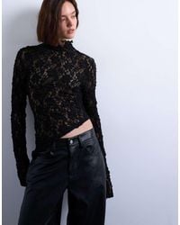 TOPSHOP - Lace High Neck Long Sleeve Asymmetric Hem Top - Lyst