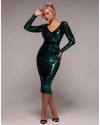 Goddiva - Liquid Sequin Midi With Corsage - Lyst