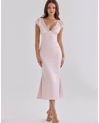House Of Cb - Odessa Satin Lace Trim Midi Tea Dress - Lyst
