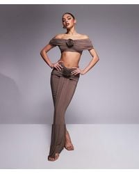 Wanderdoll - Belle Ruched Bardot Top And Maxi Skirt Set With Corsage Drape Detail - Lyst