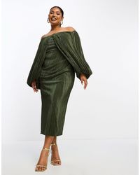 ASOS - Vestido midi verde plisado con detalle superpuesto y espalda al aire - Lyst