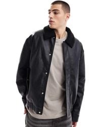 ASOS - Faux Leather Wadded Harrington Jacket With Borg Collar - Lyst