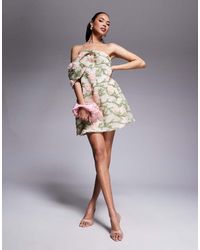 ASOS - Vestito Corto Testurizzato Color Crema A Fiori Strutturato Con Scollo Effetto Bardot - Lyst