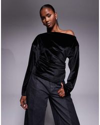 ASOS - Top Negro Ajustado Con Escote Bardot De Pana Aterciopelada De - Lyst