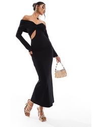 ASOS - Twist Front Bardot Midi Dress With Shaped Front Cut Out - Lyst