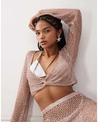 Miss Selfridge - Beach Sequin Crochet Twist Detail Long Sleeve Top - Lyst