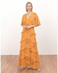 Maya - Floral Embellished V Neck Kimono Sleeve Ruffled Maxi Dress - Lyst