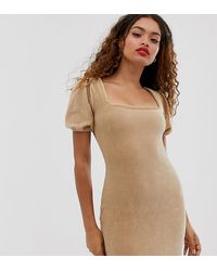 Miss Selfridge – Milk Maid – Cordkleid mit Puffärmeln - Natur