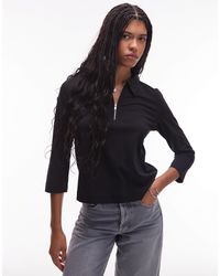 ARKET - Jersey Rib Knit Polo Top With Zip Collar And 3/4 Length Sleeves - Lyst