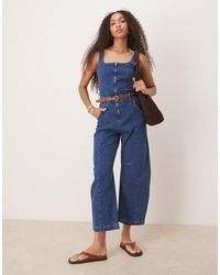 ASOS - Mono Vaquero Largo Azul Añil Con Escote Cuadrado Y Pernera Barrel De -Azul Marino - Lyst