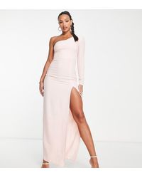 Vesper - Vestito Lungo Monospalla Con Manica Lunga E Spacco Sulla Coscia Cipria - Lyst