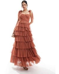 LACE & BEADS - Bridesmaid Bow Shoulder Tulle Maxi Dress - Lyst