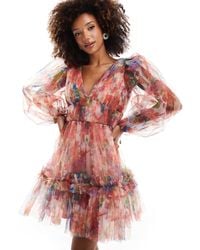 LACE & BEADS - – organza-minikleid mit em blumenmuster und ballonärmeln - Lyst