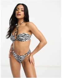 ASOS - – gerippte, hüfthohe bikinihose mit ringdetail, hohem beinausschnitt und zebramuster - Lyst
