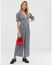 ASOS Комбинезон В Клетку С Пышными Рукавами - Синий