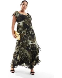 ASOS - Exclusivité asos design curve - robe mi-longue à imprimé abstrait avec jupe à empiècement et manches évasées - Lyst