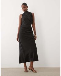 ASOS - Pleated Gathered Bodice Satin Maxi Dress With High Neck - Lyst