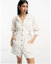 ASOS - Robe chemise courte en lin avec poches, manches chauve-souris et taille cintrée - ivoire - Lyst