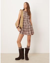 ASOS - Vestido Corto Rojo A Cuadros Con Cintura Baja, Cuello Barco Y Botones De - Lyst