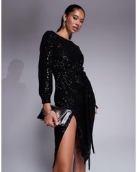 In The Style - Vestido Midi Con Escote Bardot Y Abertura Hasta El Muslo De Lentejuelas De - Lyst
