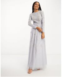 ASOS - Bridesmaid Pearl Embellished Long Sleeve Maxi Dress With Floral Embroidery - Lyst