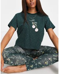 Monki Organic Cotton Christmas Pine Print T-shirt And legging Pajama Set - Green